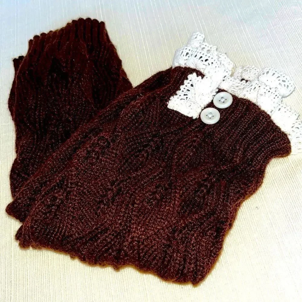 Boot Socks Brown and Cream Cozy Soft & Warm with Ruffle & Button Detail